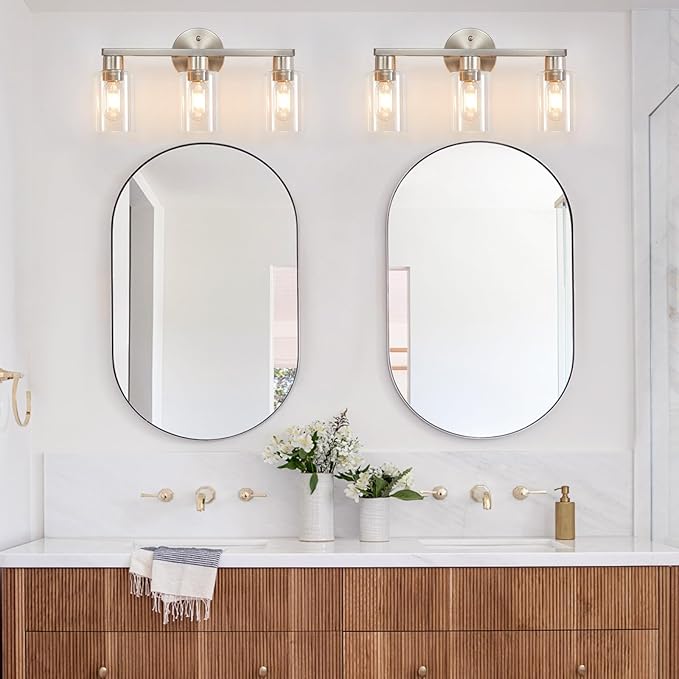 Brushed Nickel Bathroom Light Fixture 3-Light Bathroom Vanity Light Brushed Nickel 3 Light Vanity Lights for Bathrrom with Clear Glass Shades for Living Room Bedroom(E26 Socket)