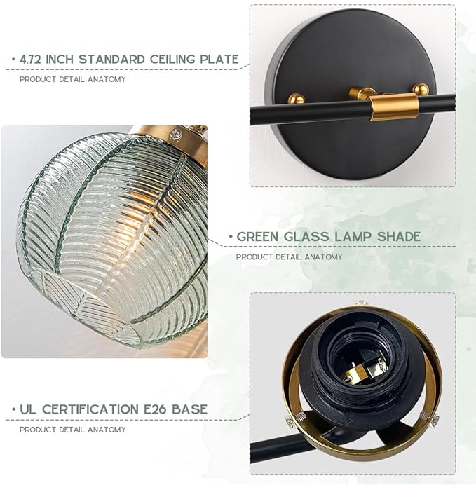 Glass Wall Sconce 2 Light Bathroom Vanity Light Green Globe Wall Lamp with Ribbed Glass Shade Mid Century Modern Wall Sconces Black Gold Vanity Light for Over Mirror Bedroom Hallway