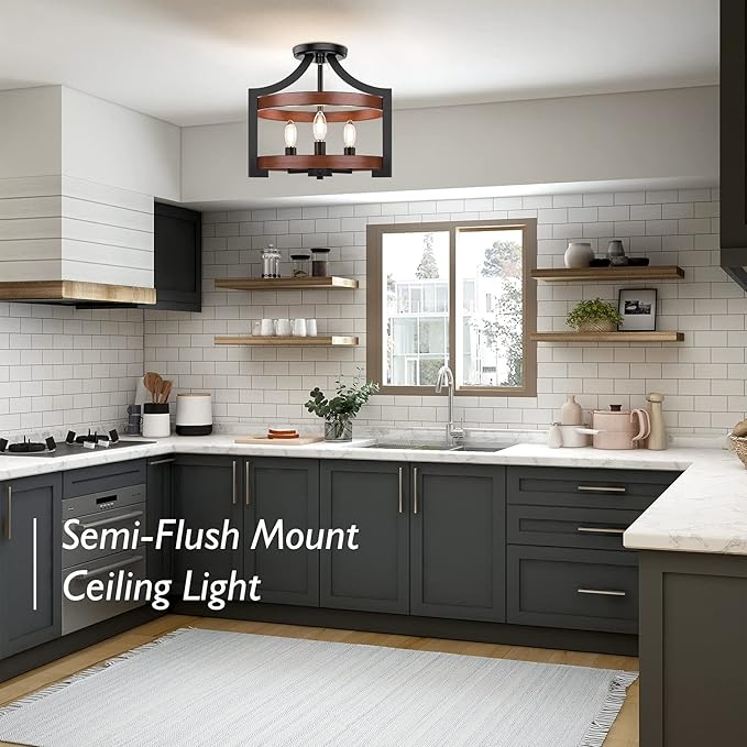 3-Light Farmhouse Chandelier, 14.5” Pendant Hanging Lighting Adjustable Height, Convertible Vintage Semi Flush Mount Ceiling Light Fixture, Rustic Chandeliers for Dining Room Foyer Entryway Kitchen