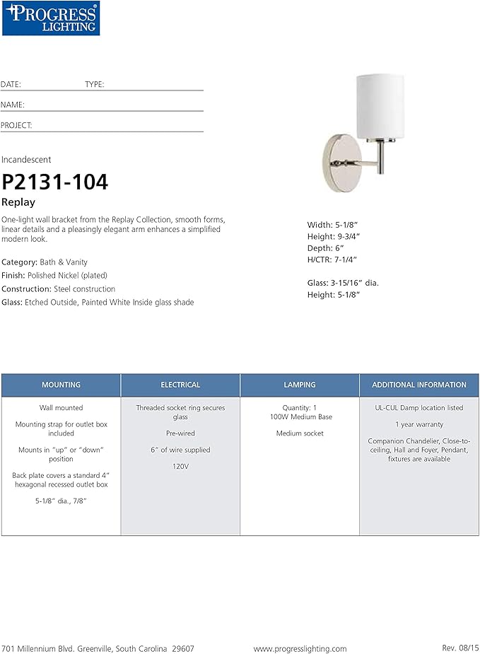 Progress Lighting P2131-104 Replay Bath & Vanity, 1-Light, Polished Nickel