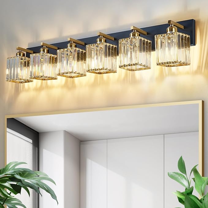 Modern Crystal Bathroom Vanity Light 6-Lights Modern Black Gold Crystal Bathroom Wall Light Over Mirror Vanity Light Fixtures