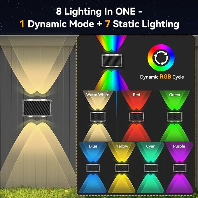 TECKNET Solar Fence Lights 2 Pack, 8 Modes RGB Color Changing, Up Down Lights & 200°Wide Lighting, IP66 Waterproof Dual-Lens LED Decorative Lights for Wall/Garden/Fence/Patio/Backyard