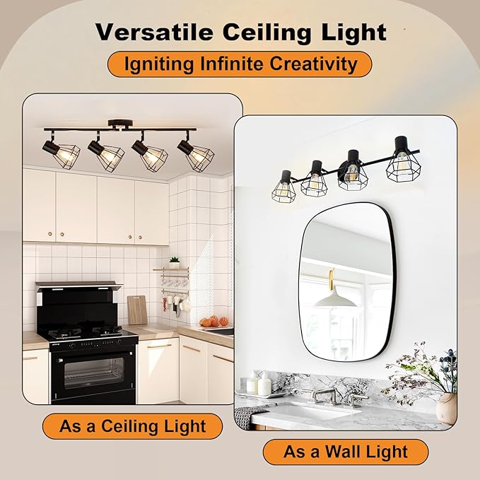 LTBLIGHT 4-Light Track Lighting Fixtures Ceiling, Adjustable Track Lighting Kit, Black Farmhouse Ceiling Light with E26 Base, Directional Spotlights for Kitchen Hallway Bedroom Living Room