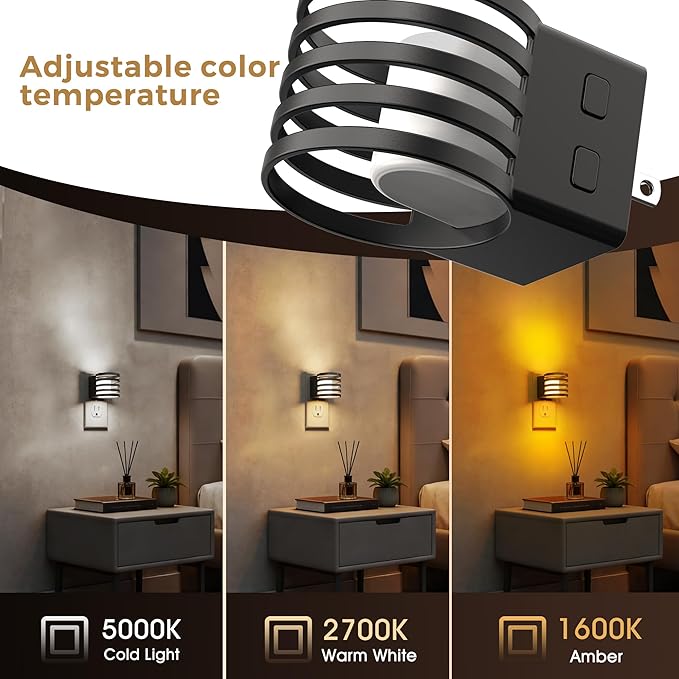 L LOHAS LED Night Light, 2 Pack 3CCT Night Lights Plug into Wall, Amber/3000K/5000K Adjustable Color Temperature Night-Lights, Dimmable Nightlight with Dusk to Dawn Sensor for Bedroom Hallway Bathroom