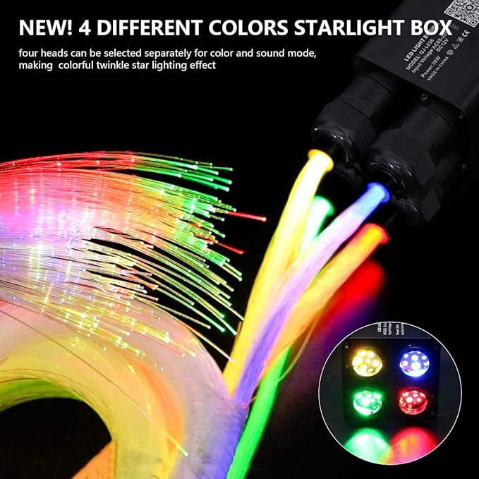 AMKI Updated 4Color Meteor Twinkle 36w Starlight Headliner Kits 2000pcs 0.03in 13.1ft, 240pcs RGB Meteor Shooting Star Cable, 2 in 1 Fiber Optic Light Box RGBW Sound Activated Mode for Car& Home Decor