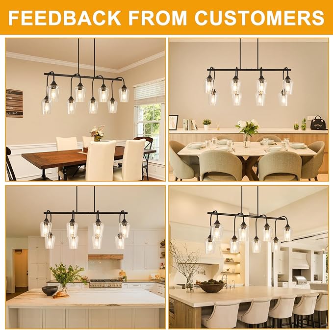 38" Dining Room Light Fixture/Chandelier Over Table, 8-Light Matte Black Kitchen Island Lighting with Clear Glass Shade, Modern Hanging Pendant Lights Fixture for Kitchen Island, Dining Room, Bar