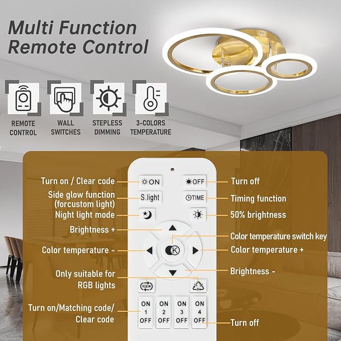 Dimmable Modern Led Ceiling Light 3 Rings 35W Dimming Circle Modern Living Room Light Fixture Gold Acrylic Flush Mount Ceiling Light with Remote for Bedroom Bathroom Kitchen Balcony Corridor