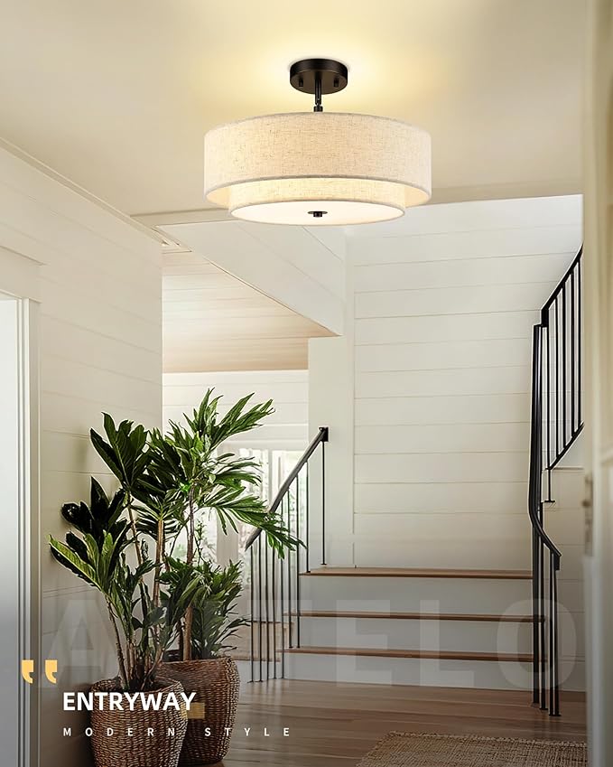 AUTELO Black Semi Flush Mount Ceiling Light, 3-Light 18" Flush Mount Ceiling Light in Black Finish with Drum Fabric Shade for Hallway Bedroom Kitchen, C2506 BK-18