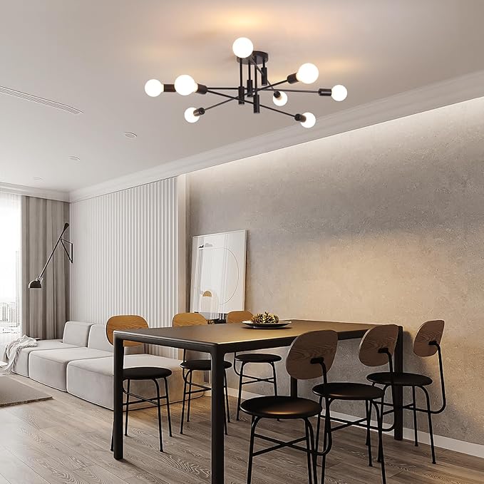 Garwarm Black Ceiling Light Fixture, 8-Lights Semi Flush Mount Ceiling Light, Sputnik Chandelier Industrial Ceiling Lamp for Kitchen Dining Room Bedroom Foyer Entryway Hallway Lighting Fixture