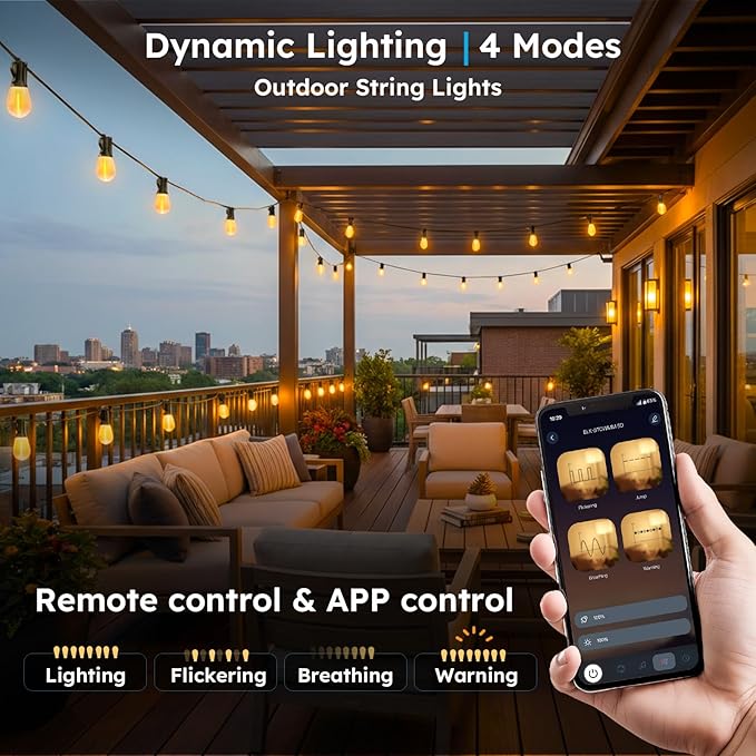 GvvooHome 200FT S11 LED Outdoor String Lights with App & Remote, Low-Voltage Patio Lights with Music Sync, 4 Lighting Modes, Dimmable, Waterproof LED Outdoor Lights for Backyard, Porch, Deck, Garden