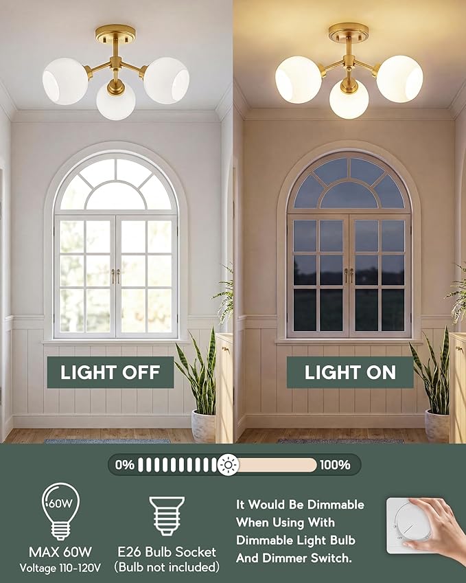 3-Light Semi Flush Mount Ceiling Light, Modern Light Fixtures Ceiling Mount with Globe Milk White Glass Shade, Brushed Gold Light Fixtures for Kitchen Entryway Hallway Bedroom, SM195-BG-ML-3