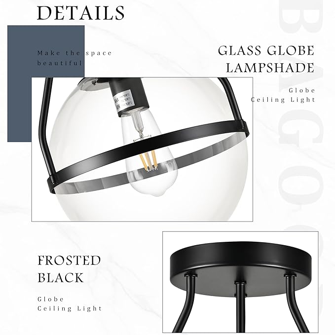 Bagood 10" Mid Century Ceiling Light Modern Black Semi Flush Mount Ceiling Light with Clear Glass Shade Globe Semi Flush Mount Ceiling Light Fixture for Bedroom Hallway Bathroom Foyer (Bulb Incl.)