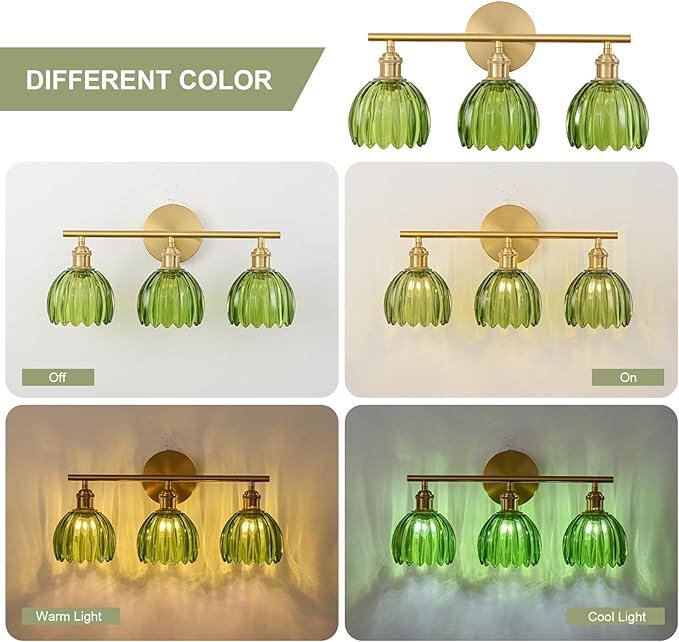 Gold Bathroom Light Fixtures Over Mirror, 3 Light Bathroom Vanity Light Fixture with Tulip Green Glass Lampshade, Vintage Vanity Lights for Bathroom, Bathroom Vanity Lights Over Mirror