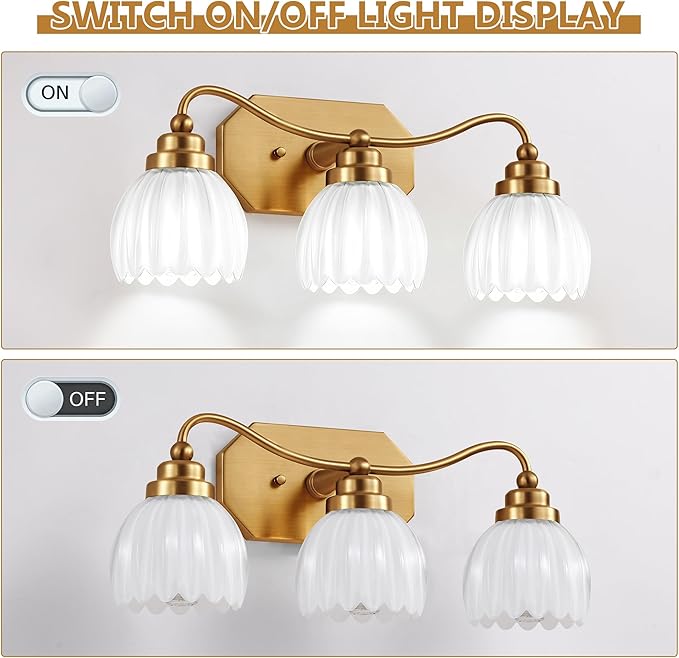 Vintage Bathroom Light Fixtures, Gold Bathroom Vanity Light, Matte Antique Brass Finish with Crystal Glass Shade, Wall Sconces Lighting for Bedroom, Living Room, Hallway (Milk White, 3-Light