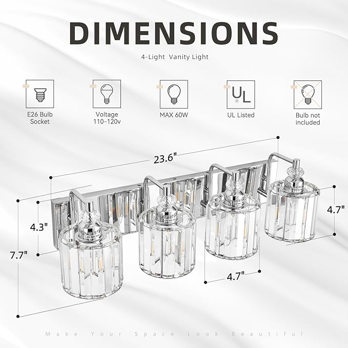 4-Light Modern Bathroom Light Fixture Chrome Bathroom Vanity Lights Over Mirror Wall Sconce Lighting with K9 Crystal Shades E26 Base for Bedroom, Living Room, Hallway, Cabinet Wall Lamp
