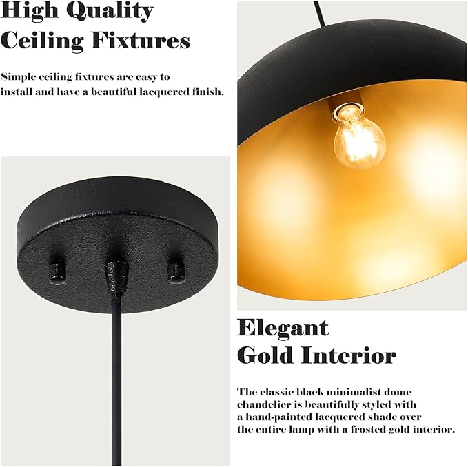 16 Inch Industrial Pendant Lighting for Kitchen Island, Black and Gold Metal Dome Pendant Light Fixtures, Hemispherical Hanging Ceiling Light E26 Base for Reading Dining Room Foyer Cafe, 2 Pack