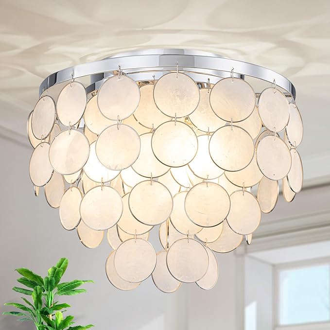 3-Light Capiz Shell Ceiling Light, Coastal Design Flushmount Light Fixture for Dining Room, Living Room, Bedroom, True Shell & Chrome Finish Frame