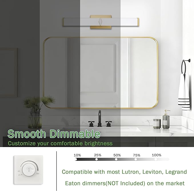 24 Inch Bathroom Vanity Light 2500LM, 5700K Daylight White Modern Bathroom Light Dimmable, AC 120V 25W Gold LED Vanity Lighting Fixtures Wall Sconce ETL Certified, 2Pack