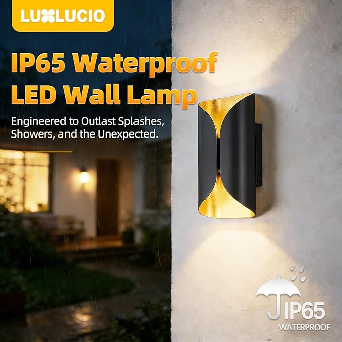 Black & Gold Aluminum LED Wall Sconces, IP65 Waterproof Indoor Outdoor Wall Lights, 1200LM 12W 120V CRI90+ 2700K-5000K 5CCT Dimmable, ETL FCC Listed for Bedroom Living Room Porch Hallway