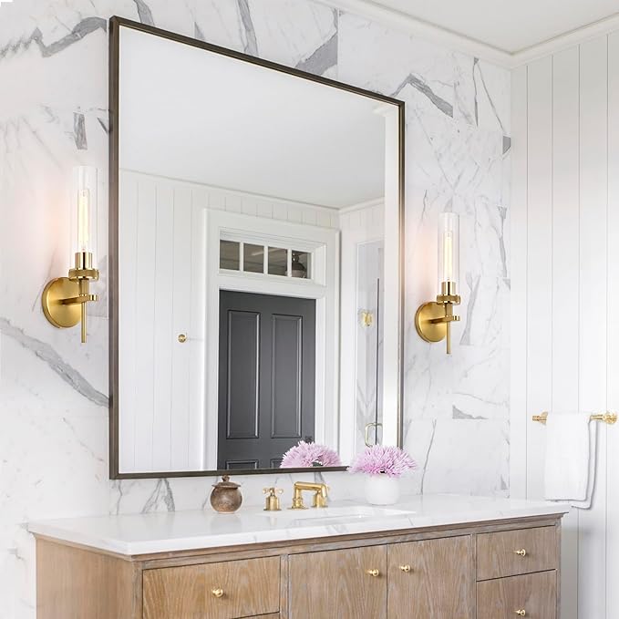 Gold Bathroom Light Fixtures Over Mirror, Hardwired Vanity Lights Set of 2 with Knurled Texture, Brushed Gold Wall Sconces with Clear Glass Shade, Modern Industrial Bathroom Lighting for Bedroom