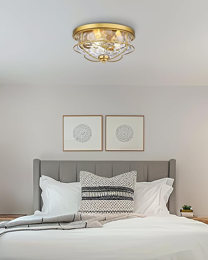 15 Inch Flush Mount Ceiling Light, HWH 3-Light Modern Close to Ceiling Light Fixtures Brushed Gold Finish for Kitchen Porch Foyer with Hammered Water Ripple Glass, 5HTJ102WG-F BG