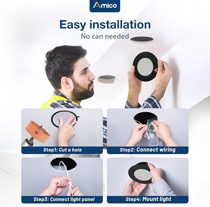 Amico 12 Pack 6 Inch 5CCT Gimbal LED Recessed Lighting, 360°&90°Adjustable Eyeball Directional Downlight, Dimmable, 2700K/3000K/3500K/4000K/5000K Selectable, 12W 1200LM CRI90+, Black, ETL&FCC