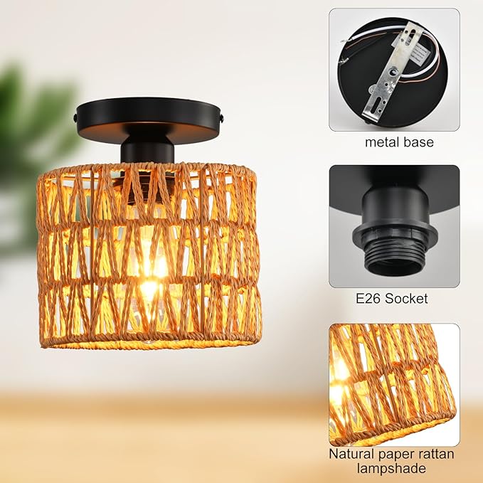 Ceiling Light Fixture,Hand-Woven Rattan Flush Mount Ceiling Light,Farmhouse Light Fixtures Ceiling Mount Boho for Hallway Bedroom Kitchen Entryway Living Room