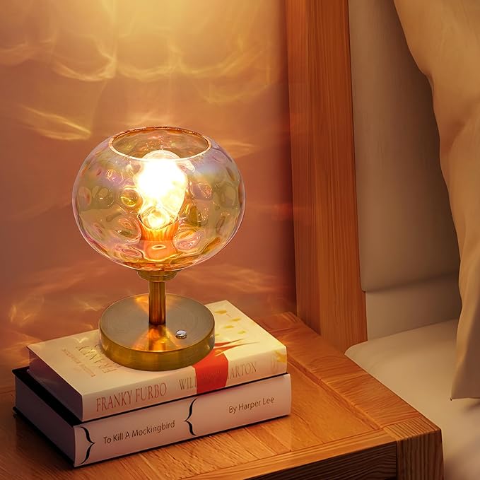Touch Control Hammered Glass Table Lamp Brass Gold Portable Dimmable Brightness Small Nightstand Light 3-Way Stepless Dimming Bedside Bedroom Living Room (Colorful Amber Glass & Gold)