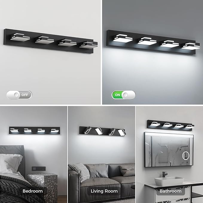 4-Light Modern Bathroom Vanity Light Fixtures, 30-Inch 350° Rotatable LED Vanity Lights Over Mirror, Matte Black Metal Wall Sconce with Frosted Acrylic Shade, Non-Dimmable