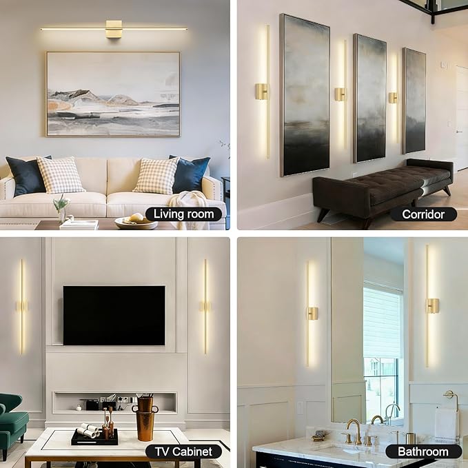 Battery Operated Wall Sconce, 5CCT Dimmable Gold Wall Lights with Remote Control, Timable LED Wireless Wall Sconces, 350° Ratate for Bathroom, Living Room, Hallway 39.4 Inch 1 Pack