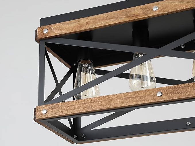 Rustic Farmhouse Plug in Kitchen Island Lighting, 4 Lights Rectangular Pendant Light Fixture with Adjustable Chain, Dimmable Switch, Oak Wood and Metal Linear Chandelier for Dining Room Home, Black