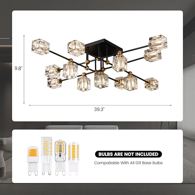 Modern Crystal Ceiling Light Fixture 13-Lights Black and Gold Semi Flush Mount Ceiling Light Farmhouse Chandeliers for Dining Room Kitchen Island Living Room Bedroom