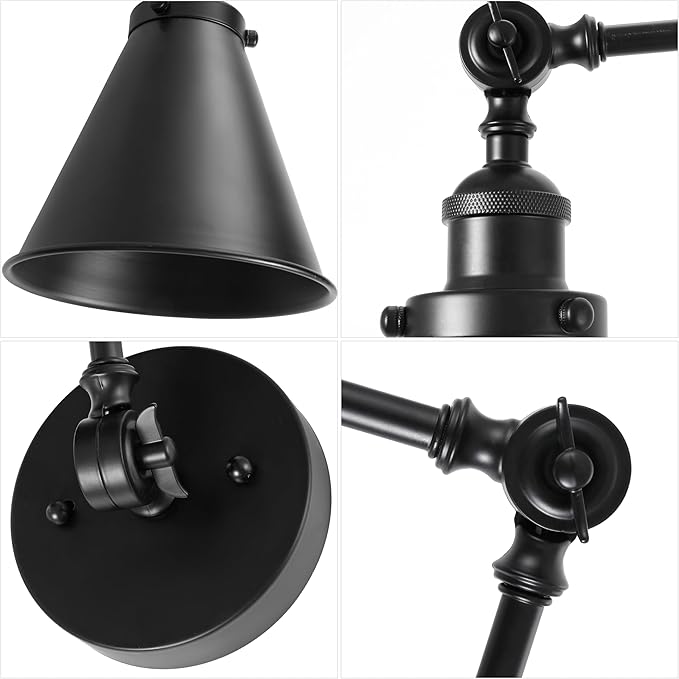 JONATHAN Y 7" Black Classic Industrial Metal Adjustable Arm LED Wall Sconce for Bedside Reading, Farmhouse Swing Arm Wall Lamp with Metal Shade, Hardwired (JYL7462E-SET2)