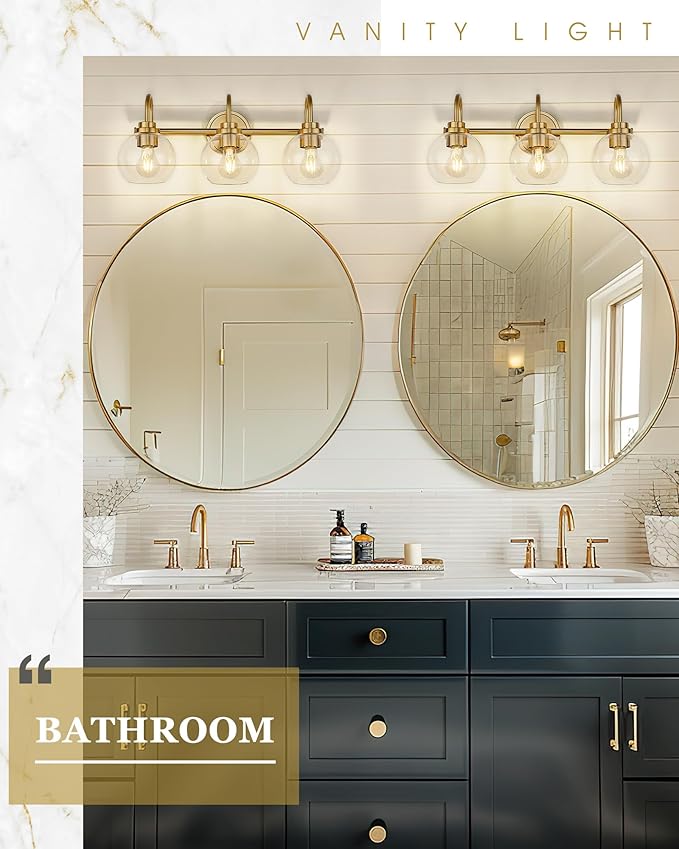 Bathroom Light Fixtures, 3-Light Brushed Gold Vanity Lights with Globe Clear Glass, Champagne Bronze Vanity Lighting Fixtures Over Mirror, AD-22280-3W-GD