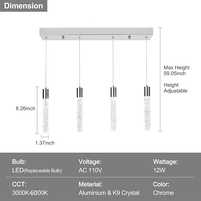 4-Light Chrome Integrated Crystal Pendant Chandelier,Dimmable LED Ceiling Light with Adjustable Height for Kitchen Island, Dining Room & Bedroom 3000K -6000K