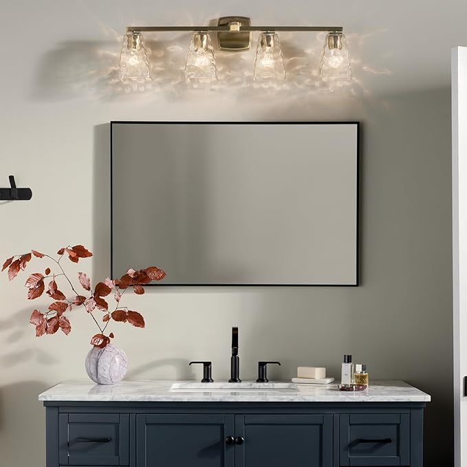 Kichler Marant 4-Light Bathroom Vanity Light Fixture with Clear Water Glass in Champagne Bronze for Over Mirror, Modern Wall Mount Lighting (33.25" x 9.5" x 6.75"), 55217CPZWTR