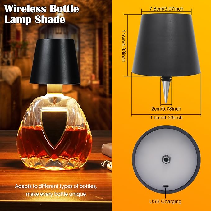 Wireless Bottle Lamp,Metal Wine Bottle Light with 3 Color Light Dimming, Waterproof Bottle Touch Lamp Head for Room, Bar, Restaurants, Party, Decor & Gifts (Black)