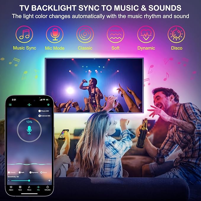 TV LED Lights 13Ft, RGB LED Strip Lights for 32-65in TV Backlight, App Control Strips Light Sync to Music, USB Bias LED Strip Lighting for Bedroom Home Room PC Monitor Gaming Lights Cabinet