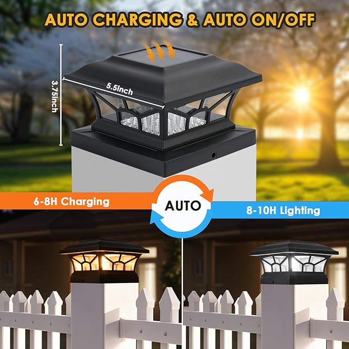 2 Pack Solar Post Cap Lights Outdoor Waterproof, Fits 4x4, 5x5, 6x6 Wooden & Vinyl Fence Decks with Warm & Cool White Light Modes (Classic Black, 2)