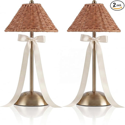 2 Pack Wedding Rattan Bow Cordless Table Lamps Rechargeable, Wicker LED Desk Lamp, 3 Colors Smooth Dimming, Portable Table Decor with Bows for Dining