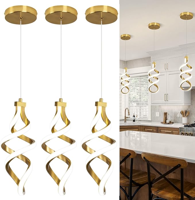 EIDISUNY 3 Packs Pendant Light, 15W Spiral Led Pendant Light, 4500K Modern Pendant Lights Kitchen Island, Adjustable Height Pendant Light for Dining Room Bedroom Kitchen Island Cafe