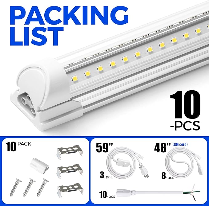 Barrina T8 LED Shop Light 6FT 60W 8500LM 5000K, Clear Cover, Garage LED Lights Ceiling, V-Shape LED Light Fixture, Work Shop LED Lights for Garage, Warehouse, Basement, ETL Listed, 10 Packs