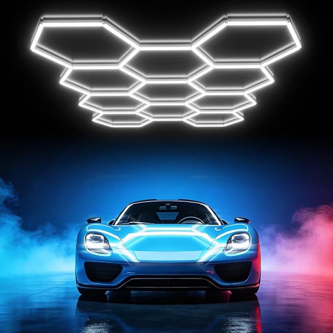 JTT Hexagon LED Garage Lights 736W 73600LM 6500K Super Bright Ceiling Shop Light for Basement Warehouse Gym Auto Beauty and Car Detailing