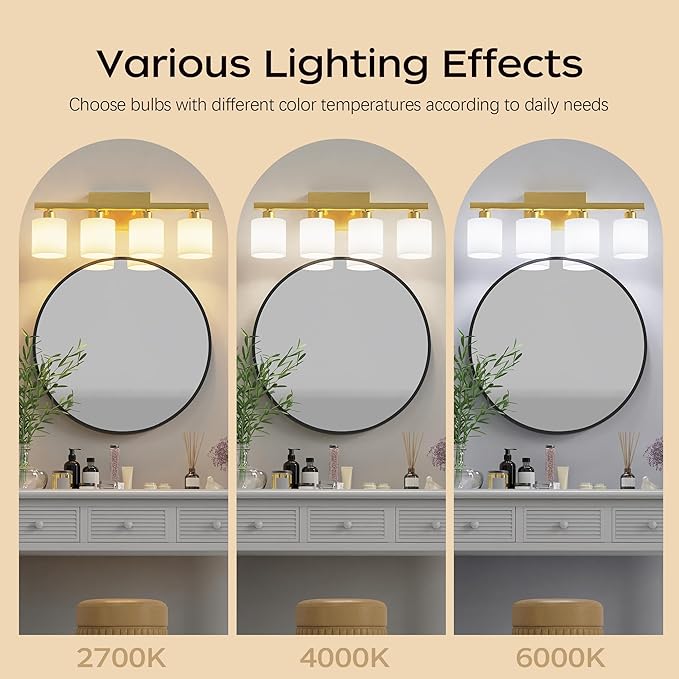 PARTPHONER Bathroom Light Fixtures, Bathroom Lighting Fixtures Over Mirror, Interior Classic Vanity Lights, Modern Vanity Light with Textured White Glass Shade, Brushed Gold, 4-Light