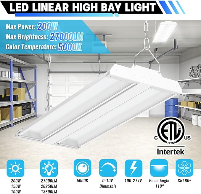 Allsmartlife LED Linear High Bay Shop Light 2-Pack, 200W 27000LM 5000K Daylight 0-10V Dimmable, Adjustable Led High Bay Lighting Fixtures for Garage Warehouse Workshop ETL