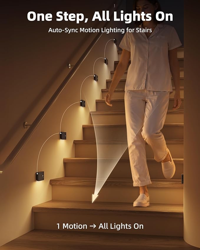 EZVALO 6 Pack Motion Sensor Night Lights with Charging Station, Sync LED Stair Lights Indoor, 1500mAh Rechargeable, Magnetic & Dimmable, 3000K Soft White, Portable Nightlight for Hallway (Black)