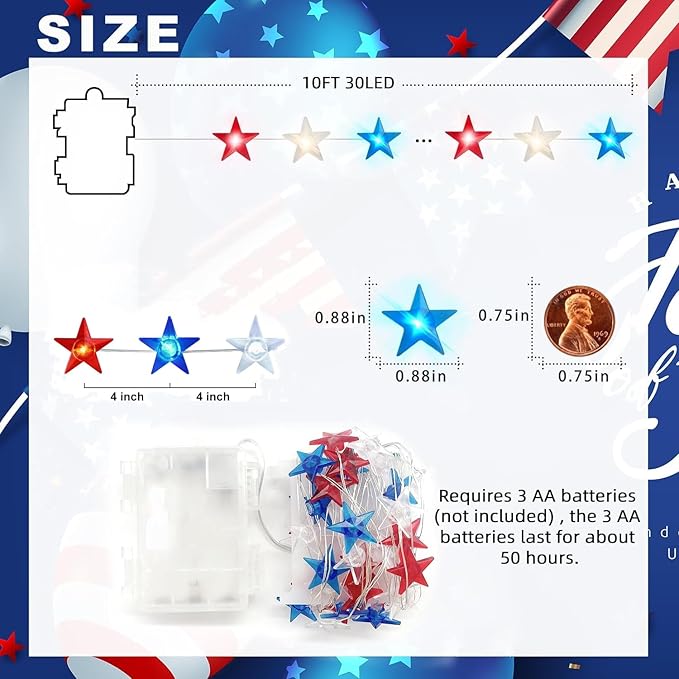 4th of July Decorations, 10ft 30 LED Twinkle Red White and Blue Star String Lights Battery Operated, Patriotic Decorations for Memorial Independence Day Party Golfcart Fourth of July (White Light)