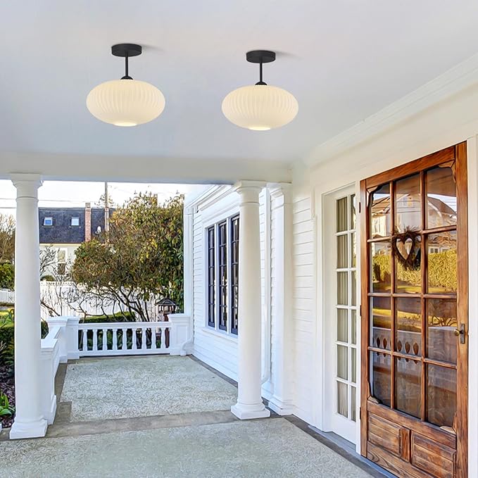 Large Milk Glass Ceiling Light Mid Century Modern Semi Flush Mount Ceiling Light Fixture Farmhouse Black Ceiling Lights for Closet Hallway Bathroom