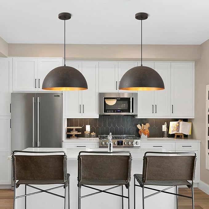 Farmhouse Pendant Light,15.7" Black with Brown Grain Industrial Dome Light Fixture,Adjustable Vintage Chandelier for Kitchen Island,Dining Room,and Bedroom