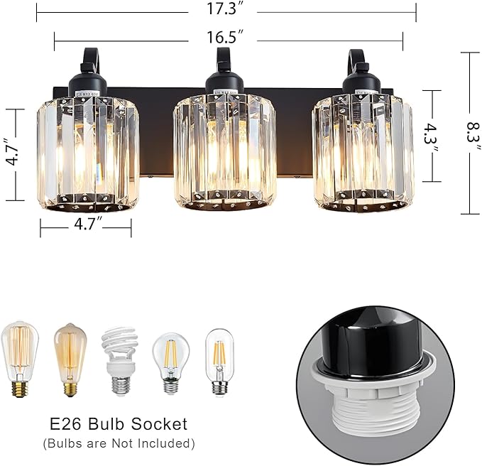 Modern 3-Lights Black Bathroom Vanity Light, Crystal Bathroom Lights Over Mirror, Modern Wall Lighting Fixtures with Crystal Round Shade (Exclude Bulb)
